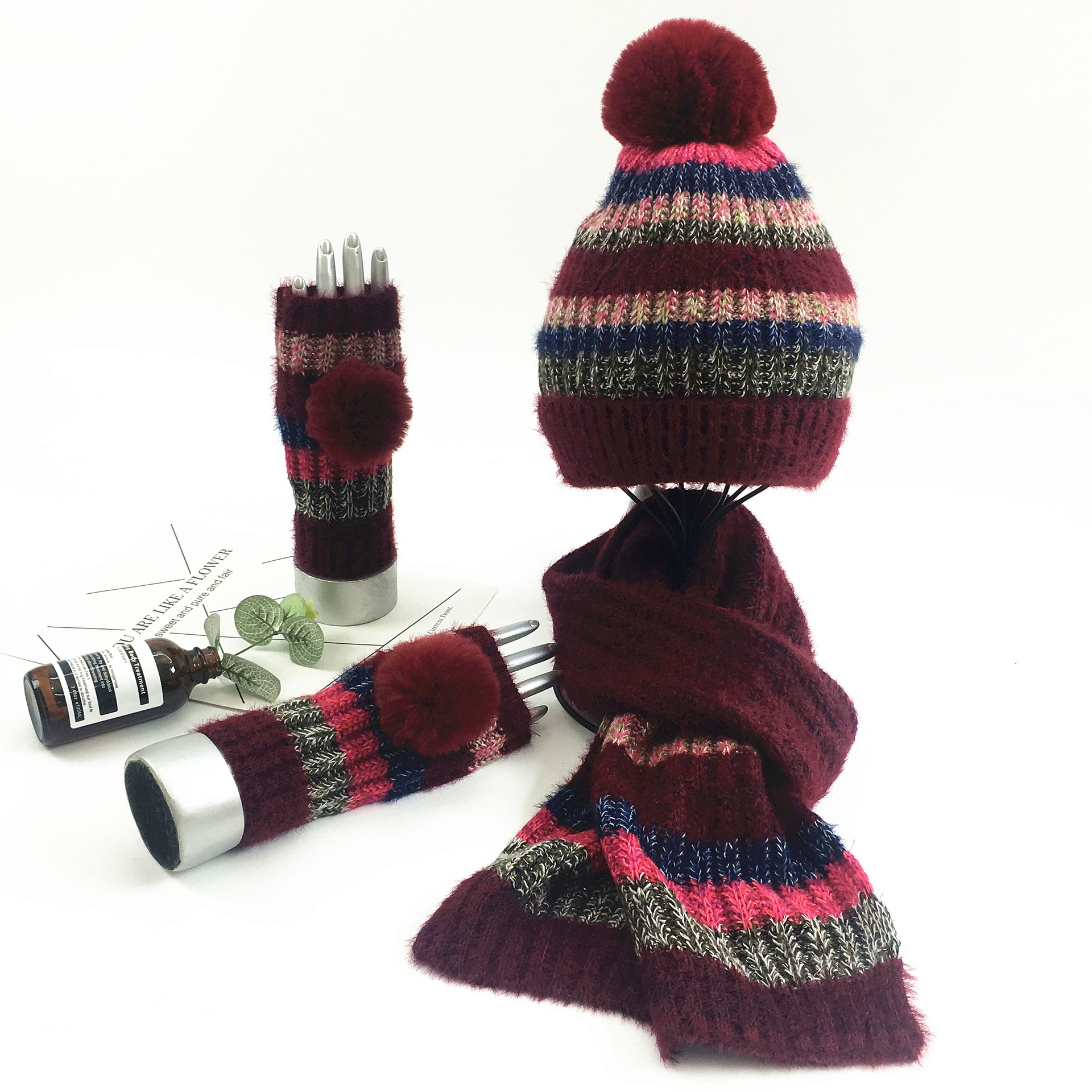 European and American autumn and winter fashion knitted striped three piece set versatile and warm pullover woolen hat scarf glove set