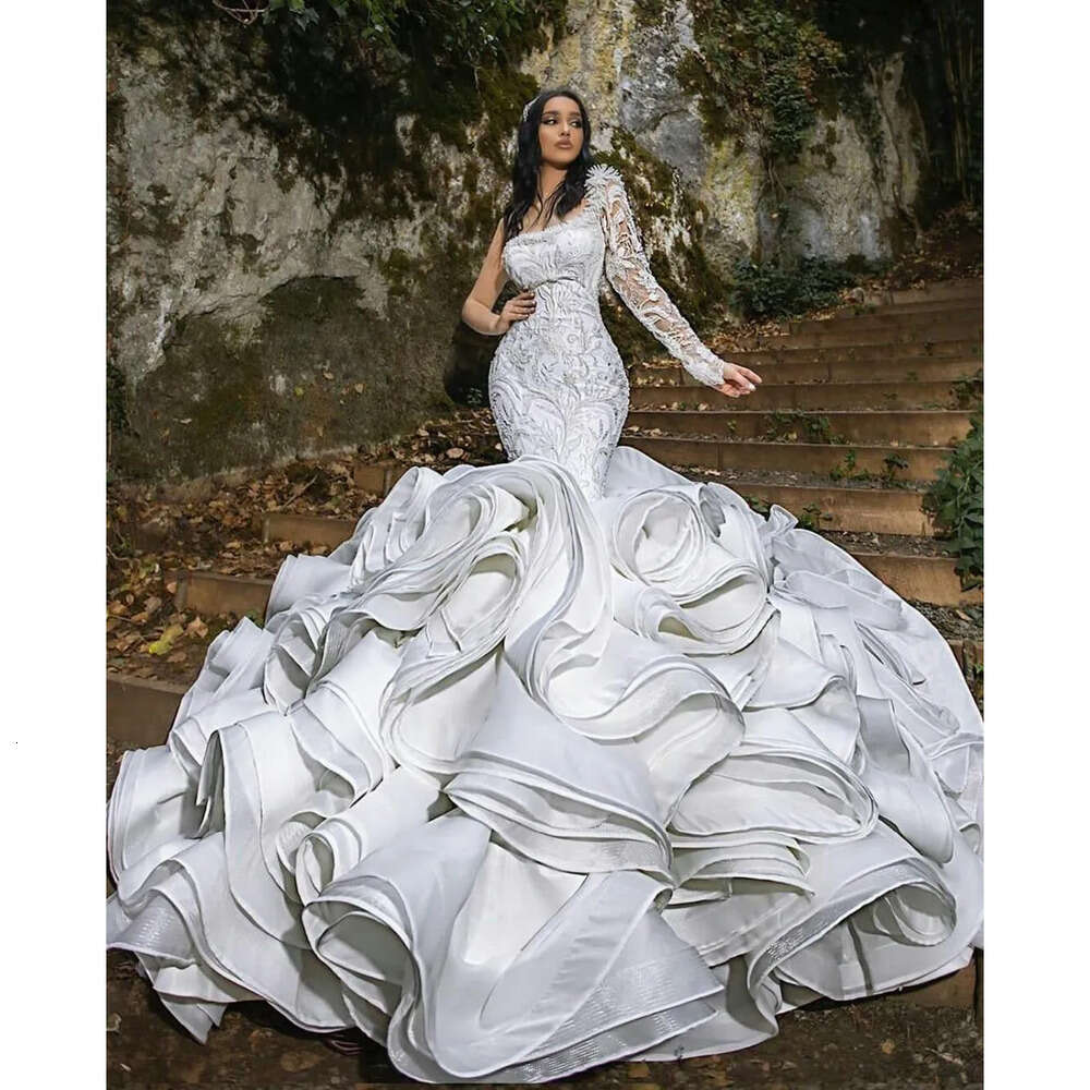 Ruffles Wedding Dresses Mermaid Plus Size One Shoulder Chapel Train Gorgeous Bridal Gowns Nigerian Arabic Marriage Dress