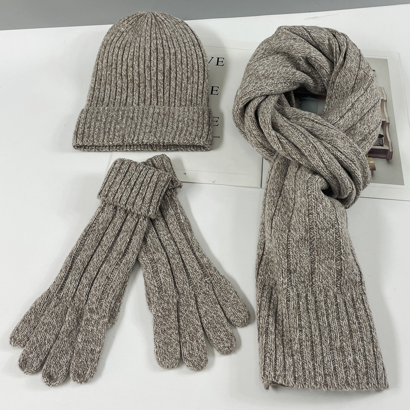 European and American autumn and winter fashion wool knitted three piece set solid color warm cover woolen hat scarf glove set