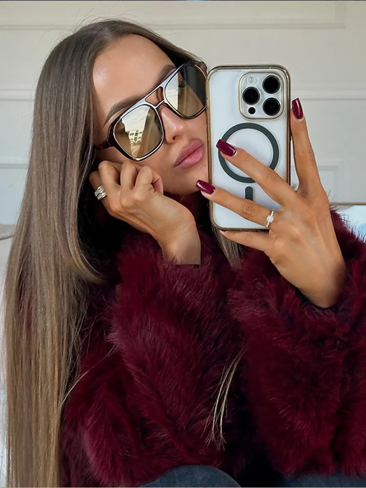 Vintage Burgundy collar long sleeved short sleeved warm jacket elegant solid color loose faux fur leather jacket womens street jacket 241128