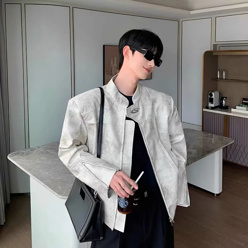 American Clean Fit Leather Jacket Mens Cropped Shoulders Padded Stand Up Collar Coat Autumn Street Slimming Casual Jacket 241127