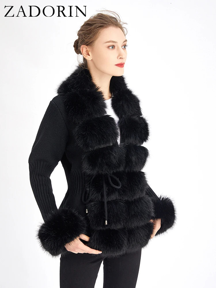 Zadorin Fall Winter Womens Faux Fur Coat Knitted Sweater Fur Open Fleece Sweater Detachable Collar White Pink Jacket Faux Fur Coat 241128