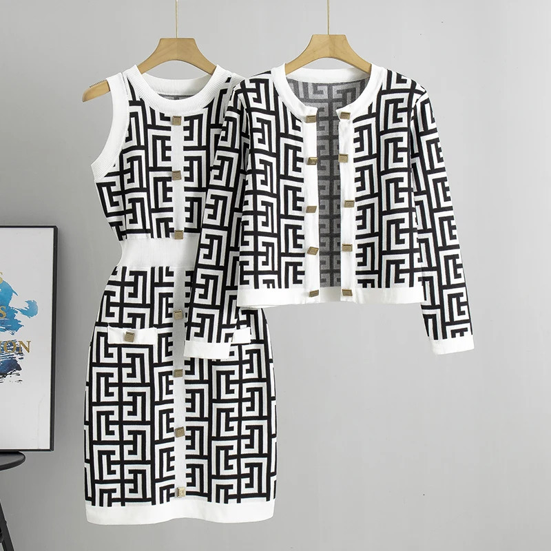 Women Suit Knitted Sweaters and Dress Two Pieces Set Spring Autumn Elegant Casual Knitwear Cardigans Jumpers Pull Femme 240423