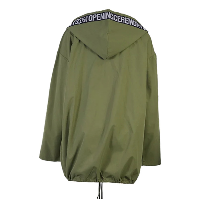 BAMBOOBOY Letter Print Green Trench Coat Spring Autumn Women Long Coat Loose Zipper Hooded Long Sleeve Overcoat Windbreaker 241127