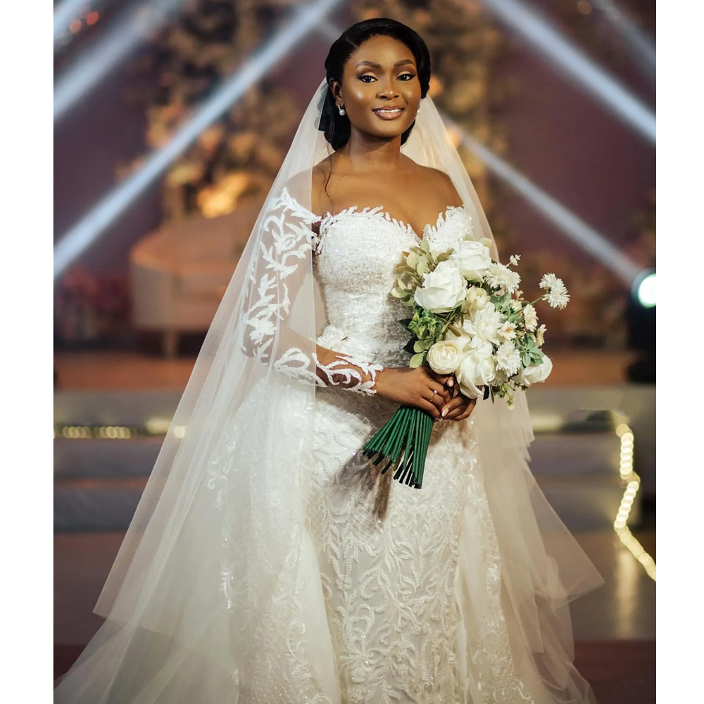 Arabic Aso Ebi Plus Size Ivory Mermaid Wedding Dresses Lace Beaded Detachable Train Bridal Gowns Dresses Flowers Lace Appliqued Princess Vintage
