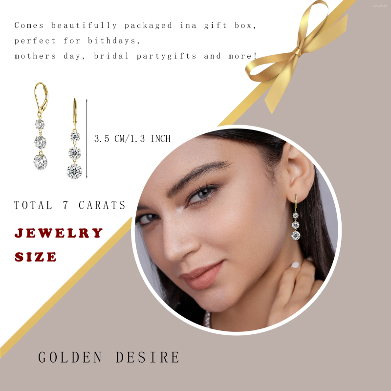 Dangle Earrings 7 Ctw Gold-Plated Moissanite Drop - S925 Silver With Triple Sparkling Stones Elegant And Timeless Design