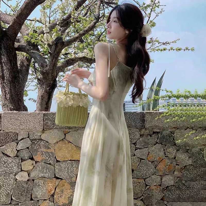 Womens Tie-Dye Floral Sveless Halter Dress Summer Waist Slim Long Dress Ruffle Le Hem Halter Tenderness DressesXJ2500207
