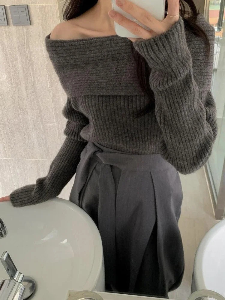 Deeptown Knitted Off Shoulder Sweater Women Elegant Pullovers Autumn Fashion Winter Sexy Korean Knitwear Y2k Top 241127