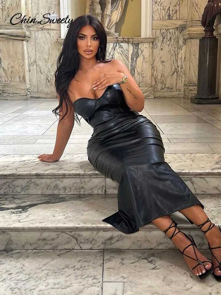 Sexy Bury Pu Leather Maxi Dresses Women Strapless Backless Bandage Sveless Pleated Hip Package Party Dress New Split RobeX241128