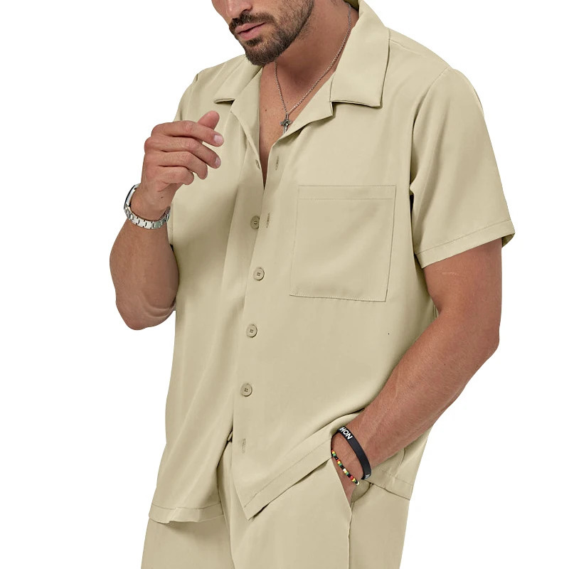 Mens 2Pcs Outfits Casual Lapel Button Up Short Sleeve Shirt And Drawstring Shorts Set For Summer Clothing Daily Lei 240415