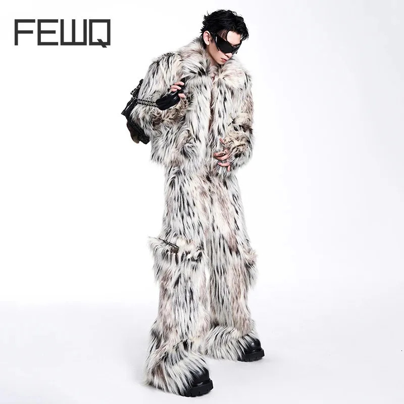 FEWQ 2024 Winter Men Two-piece Niche Fur Plush Long Sleeved Coats Large Pocket Decoration Casual Trousers Mens Suit 24E5008 241127