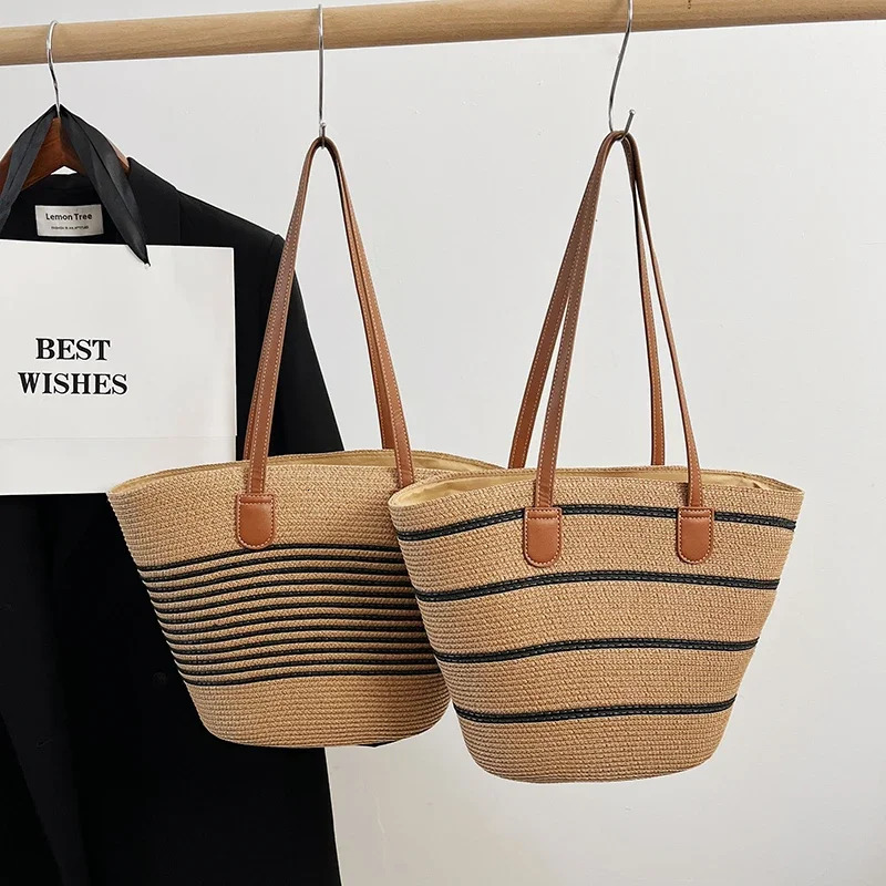 trend New Large Capacity Casual Straw Shoulder Patch High Quality Sewing Thread leisure Zipper Beach Party Designer Handbag Trendy Shoulder Bag