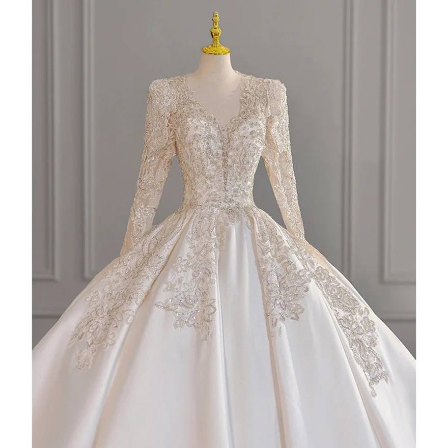 Customized Ball Gown Wedding Dresses Women Beading Sequins V-Neck Long Sleeves Bridal Gowns Vestido De Noiva robe de mariee