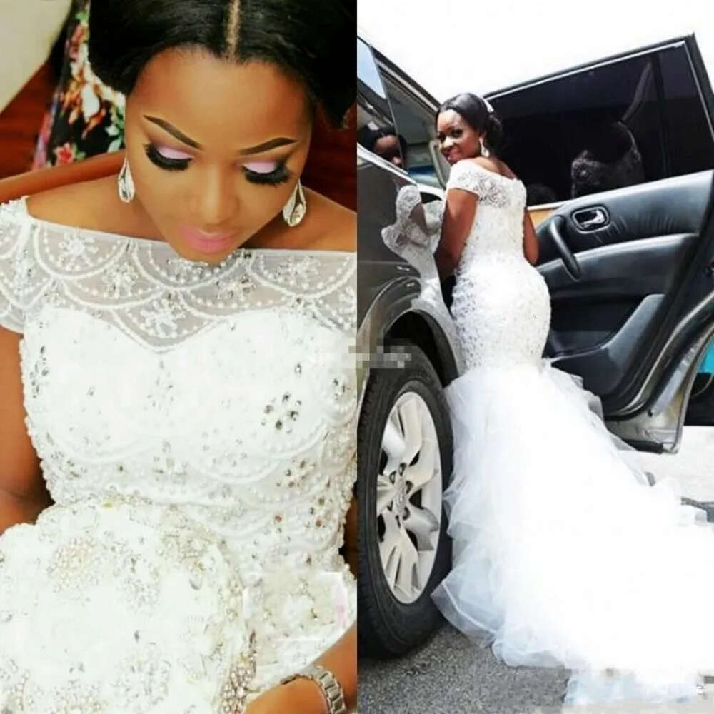 Arabic Size Saudi Mermaid Plus Dresses Beading Pearls Sheer Bateau Neck Ruffled Wedding Gowns Short Sleeves Bridal Dress