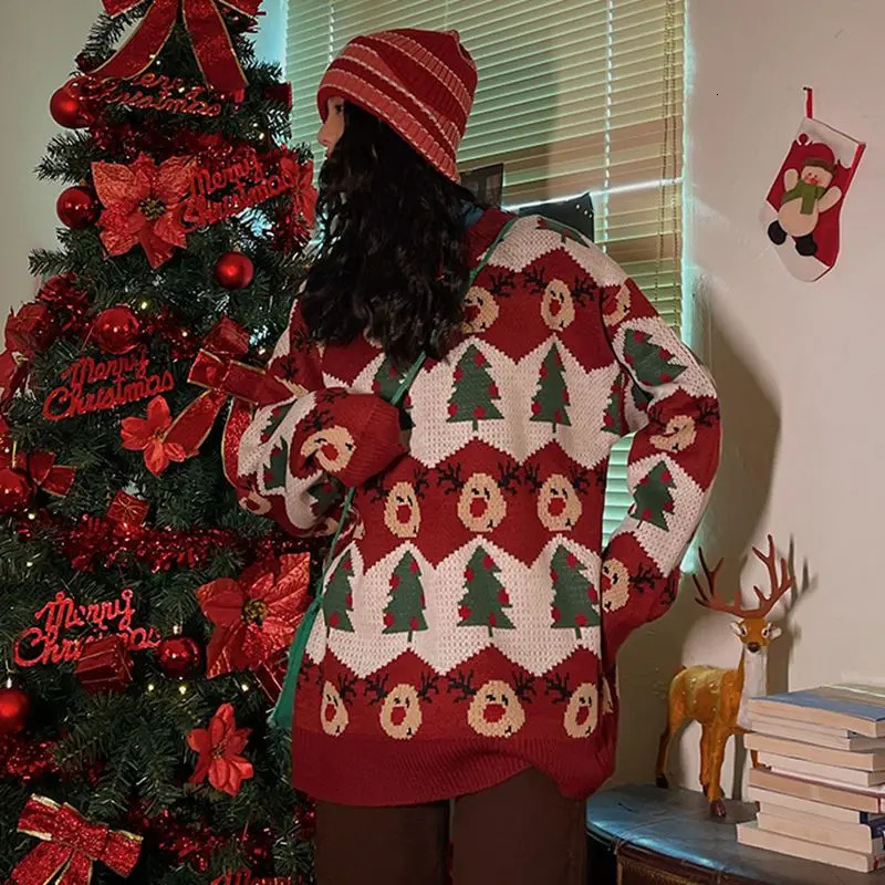 Y2k Casual Sweater Womens Christmas Cartoon Pattern Pullover Sweater 2024 Autumn and Winter Lazy Style Knitted Sweater 241127