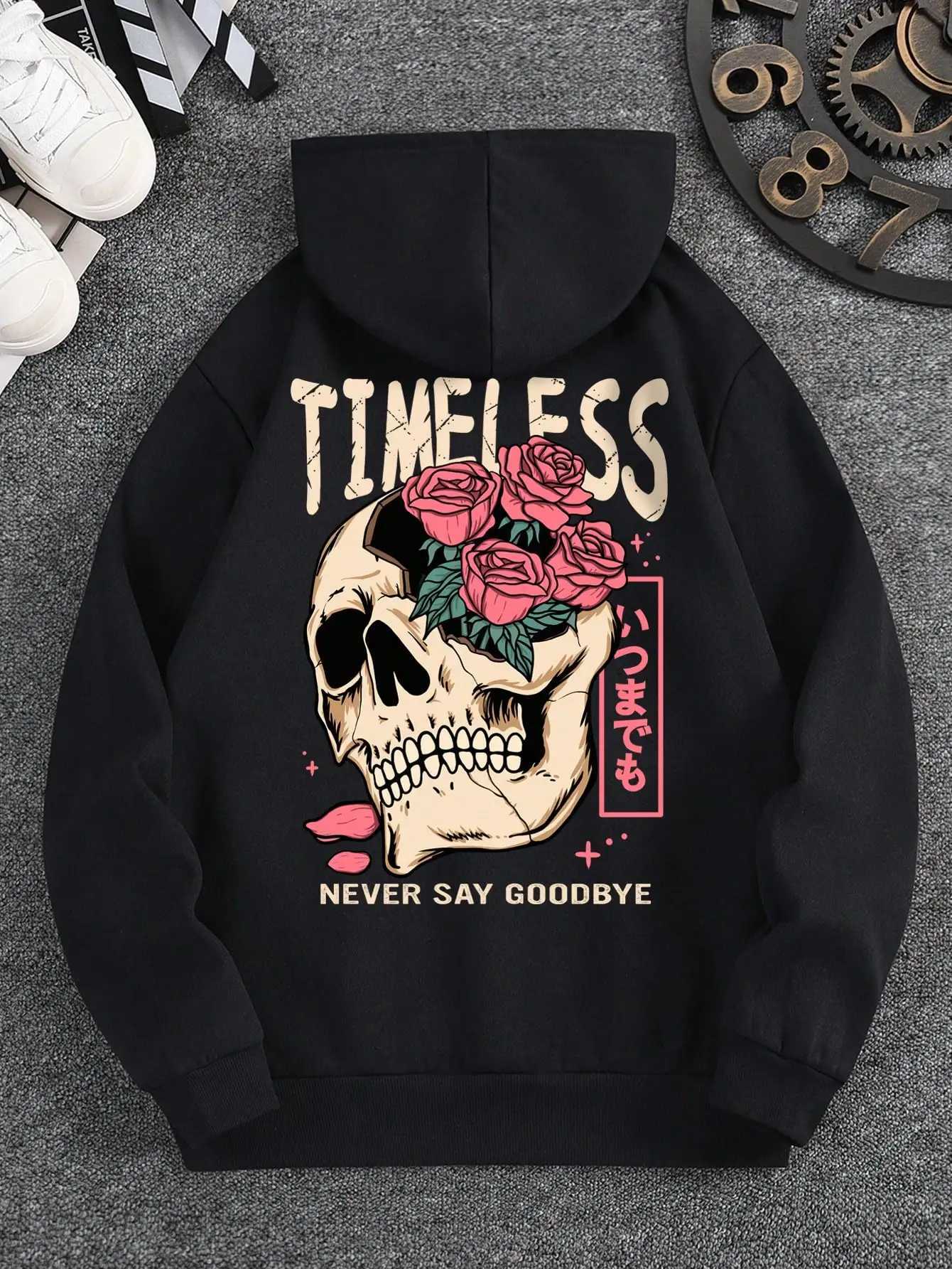 2025 Spring and Autumn Long sleeved Mens Slogan and Skull Printed Hoodie Multi functional Comfortable Daily Sweater XJ250621