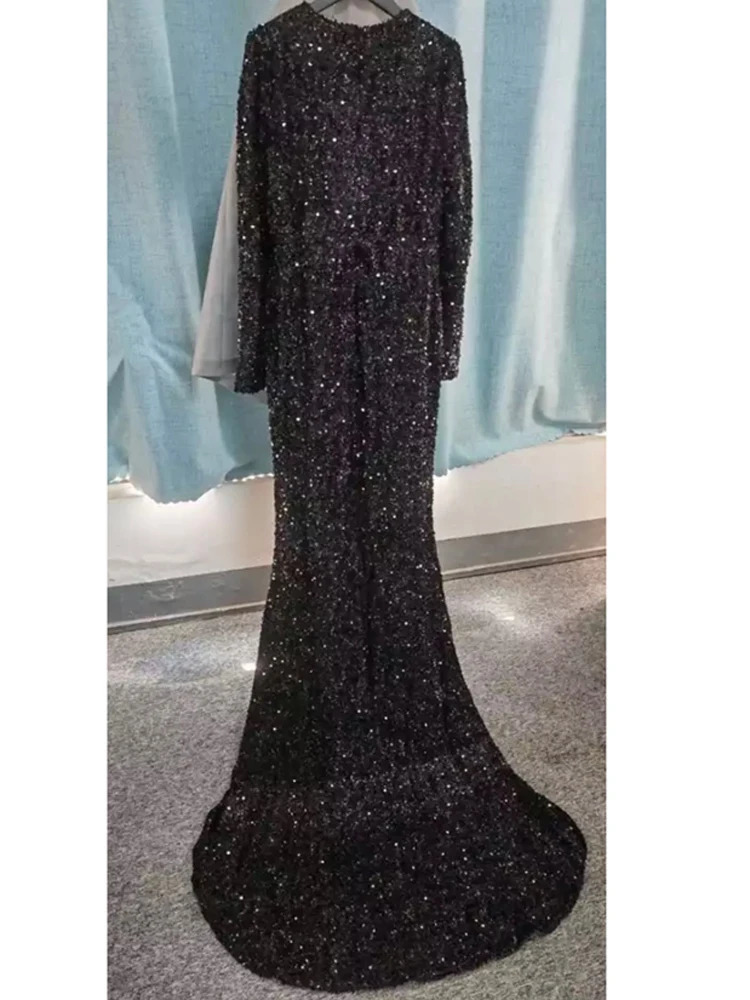 Partysix Womens Gray V-Neck Sequin Maxi - Long Sleeve Elegant Evening Party Dress with Trailing Skirt C260312