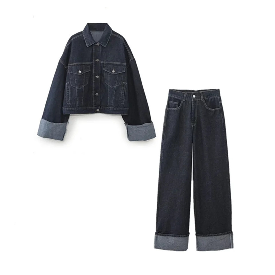PB ZA2024 Autumn Womens Clothing Style Collar Curled Edge Cuff Bag Decorative Denim Jacket Short Coat Pants Set 241125