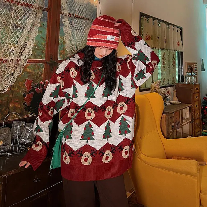 Y2k Casual Sweater Womens Christmas Cartoon Pattern Pullover Sweater 2024 Autumn and Winter Lazy Style Knitted Sweater 241127