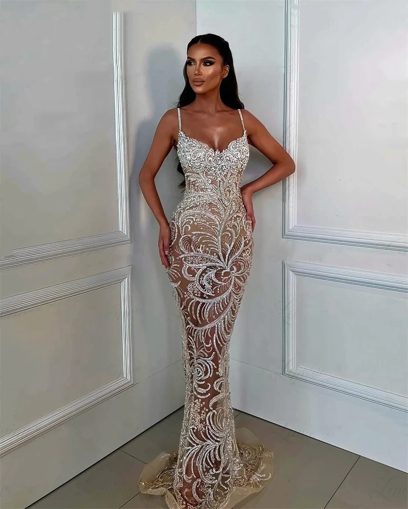 Gorgeous Crystal Evening Dresses Spaghetti Straps Prom Gown See Through Mermaid Illusion Party Dress Sleeveless Customized Vestidos de noche