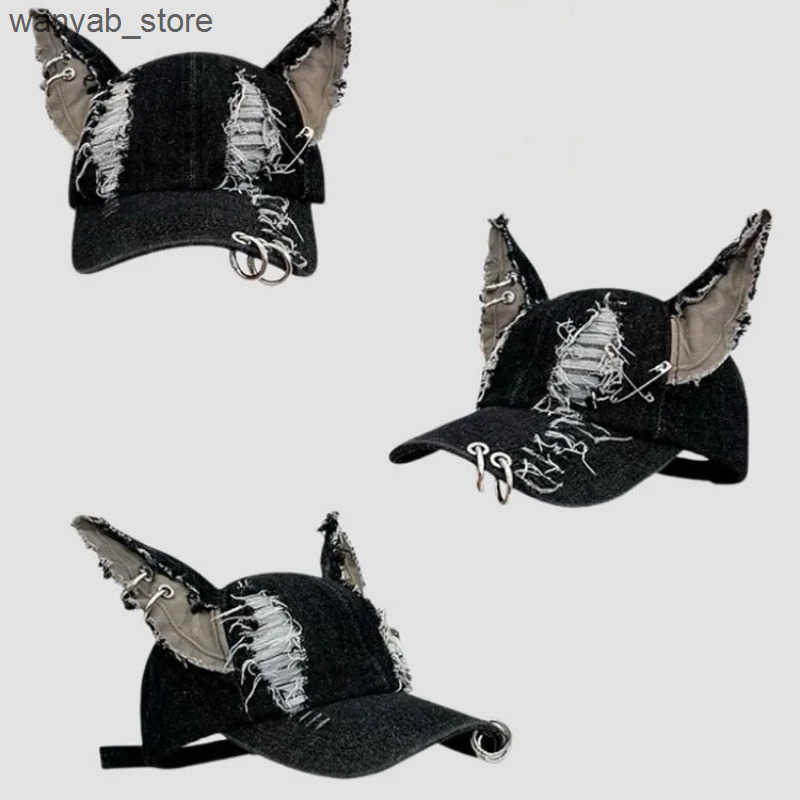 Beanie/Skull Caps Garbage style y2k Doberman dog ear wash denim baseball cap dark tie punk personality street hat tide L240910