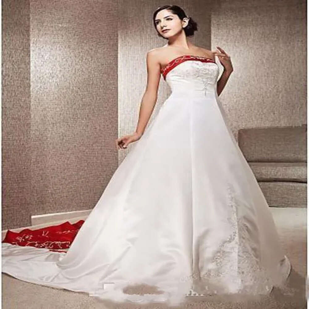 And Vintage White Strapless A Line Red Dresses Chapel Train Satin Wedding Dress With Embroidery Beading Plus Size Bridal Gowns Bes
