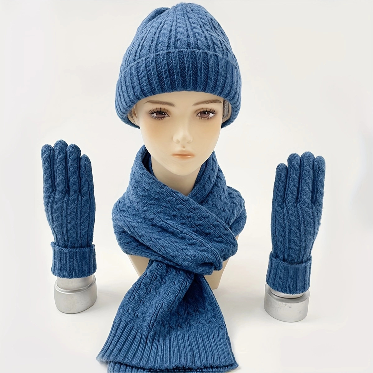 Winter European and American Fashion New Knitted Mask Hat Scarf One piece Women's Thickened Warm Autumn and Winter Solid Color Three piece Set