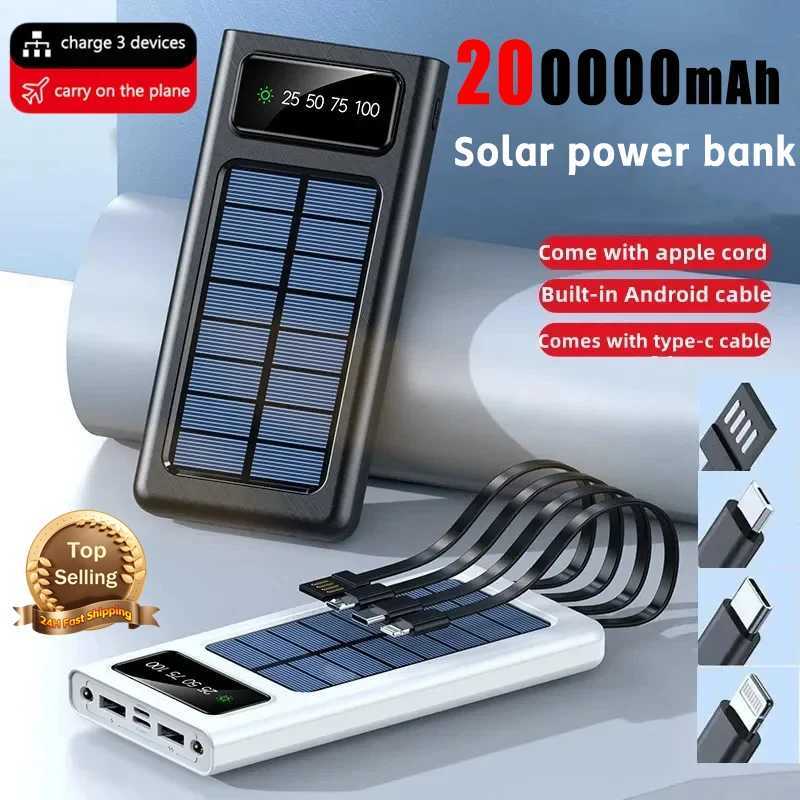 Cell Phone Power Banks Solar Power Bank 200000mAh builtin cable solar charger for bidirectional fast charging PowerBank external battery with LED ligh