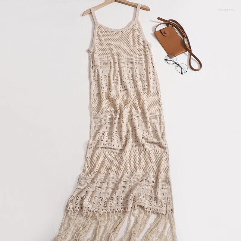 Casual Dresses Summer Knitted Hollow Out Camis Long Dress Girls Elegant Solid Silm Tassel Hemline For Women
