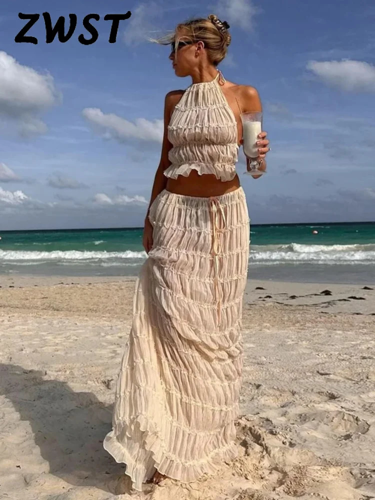 Sexy Folds Halter Top Skirt Sets Women Fashion Spring Summer Beach Backless Sling High Waist Skirts Female 2 Piece 240423