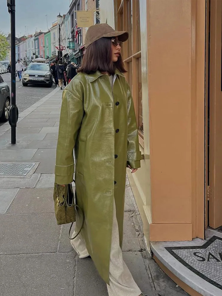 PU Leather Fashion Split Long Coat Women Single Breasted Loose Turndown Collar Pocket Street 2024 Autumn Outwear Green Jacket 241125