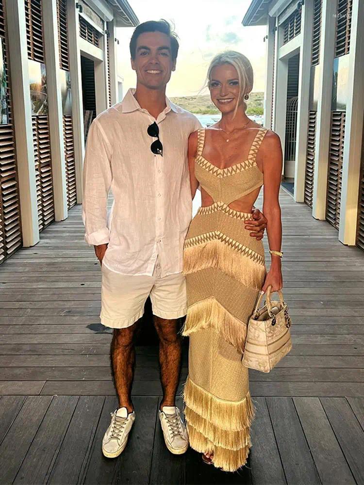Casual Dresses Female Sexy Tassel Hollow Sling Maxi Dress Women Elegant V-neck Sleeveless Slim 2025 Summer Ladies Beach Party Robes