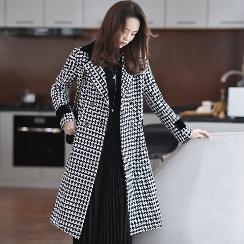 Women's Wool Blends Women's Medium Length Woolen Coat Autumn Korean Slim Coats Thousand Bird Check Double Breasted Suit Collar Coat 231010