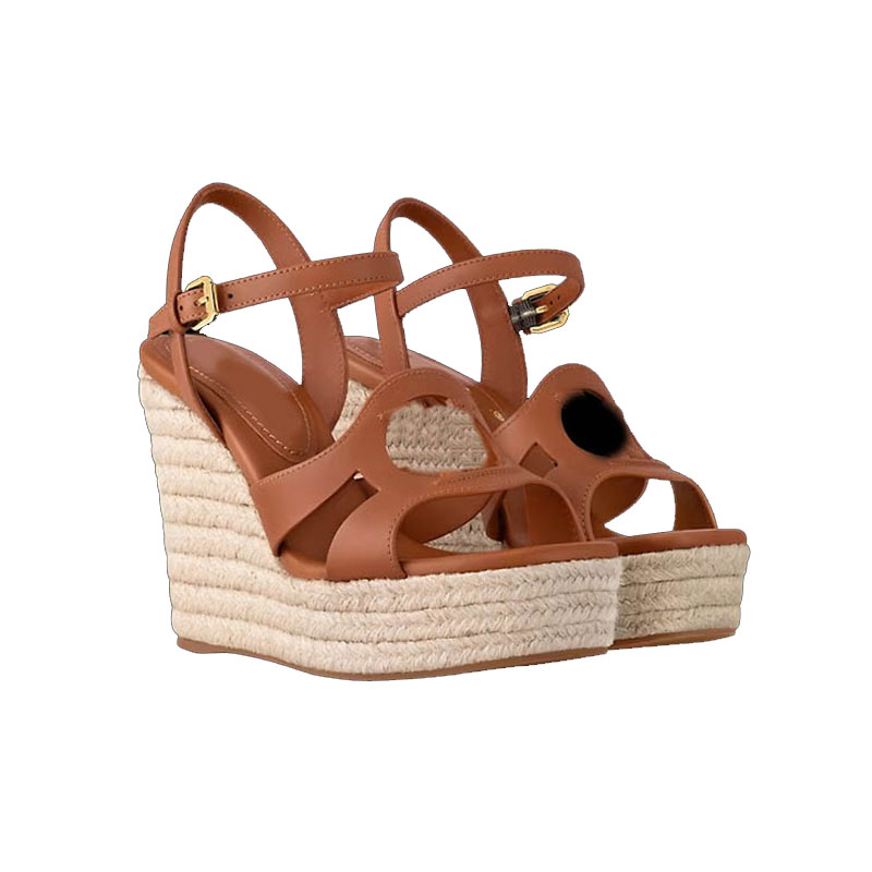 Wedge Sandal Straw Designer Sandals Women Platform Heels Luxury Sandale Summer Beach Shoes Braided-Rope Sole Espadrille Calf Leather Cut-Out Famous Dress Shoes