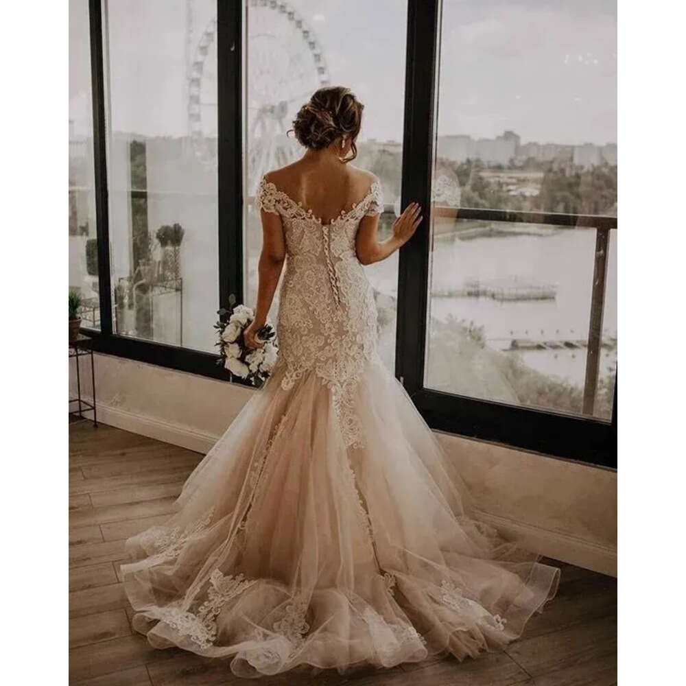 Mermaid Wedding Lace Dresses Romantic Elegant Off Shoulder Sweetheart Tulle Appliques Bridal Gowns Backless Robes De Mariage Bc