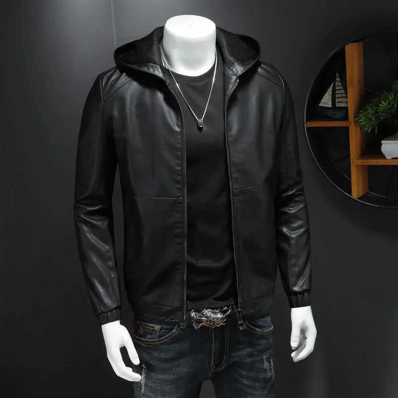 Fashion Autumn Mens Hoodie Pu Leather Jacket Fashion Black Motorcycle Leather Jacket High Quality Casual Street Zipper Jacket Mens Y251124