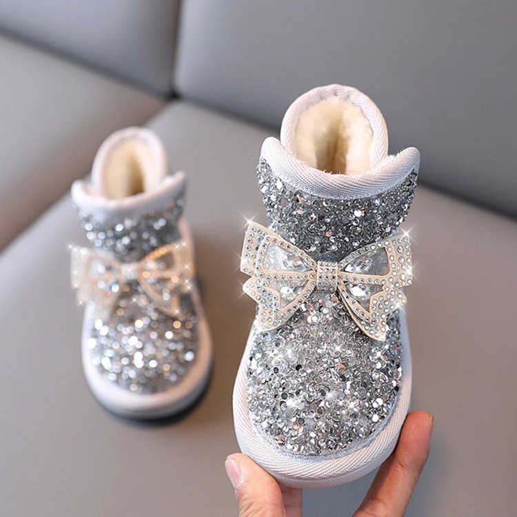 Girls Snow Boots Rhinestone Sequins Kids Fashion Winter Boots Princess Child Winter Cotton Plush Glitter Toddler Boots with Bow Littlesprouts Classic 