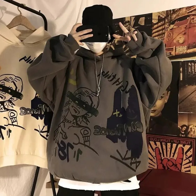 Mens Hoodie Loose Printed Wool Graffiti Mens Hip Hop Harajuku Fashion Funny Top Y2k Clothing Welcome to Trade 241127