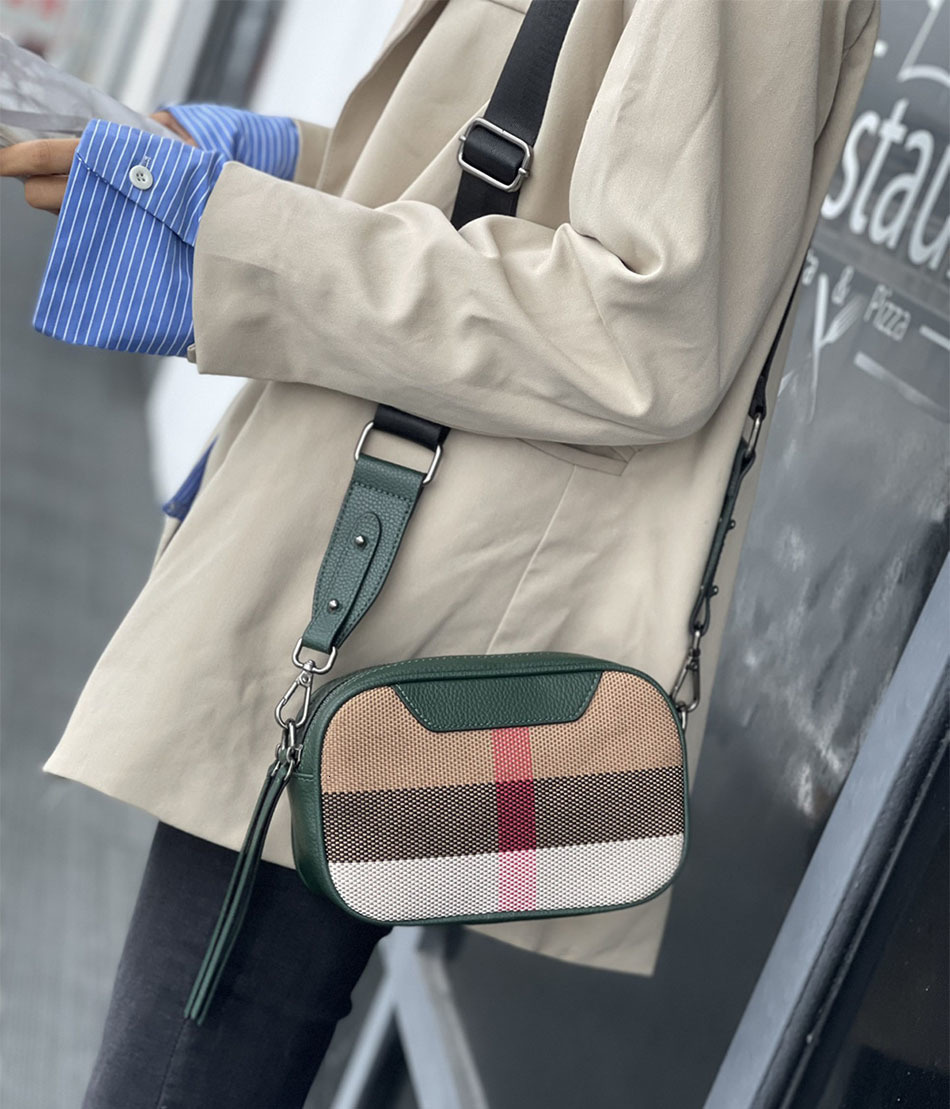 Free Shipping Real Leather Women's Small Canvas Crossbody New Wide Strap Fashionable Square Flip Designer Shoulder Plaid Bag