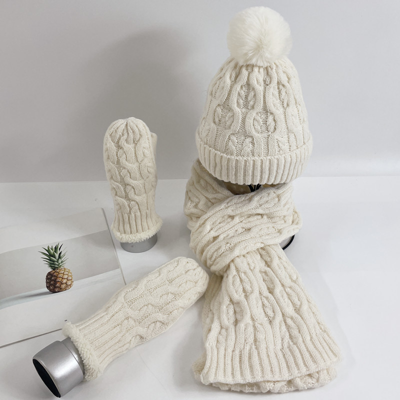 Winter hat for women with thick velvet and warm wool ball knitted wool hat scarf gloves three piece set windproof sleeve headband hat