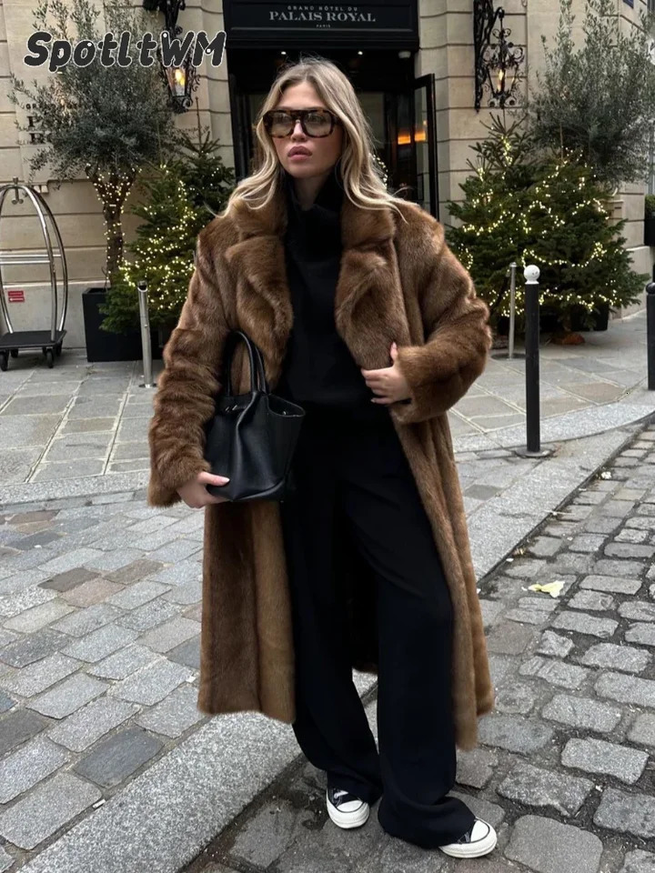 Womens thick brown faux fur long coat fashionable wool warm long trench coat winter fluffy plush 2024 Street coat 241128