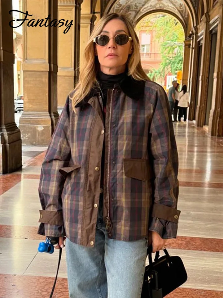 Retro plain weave patchwork work jacket for womens casual full sleeved zipper pocket lapel single chest womens jacket autumn womens jacket 241125
