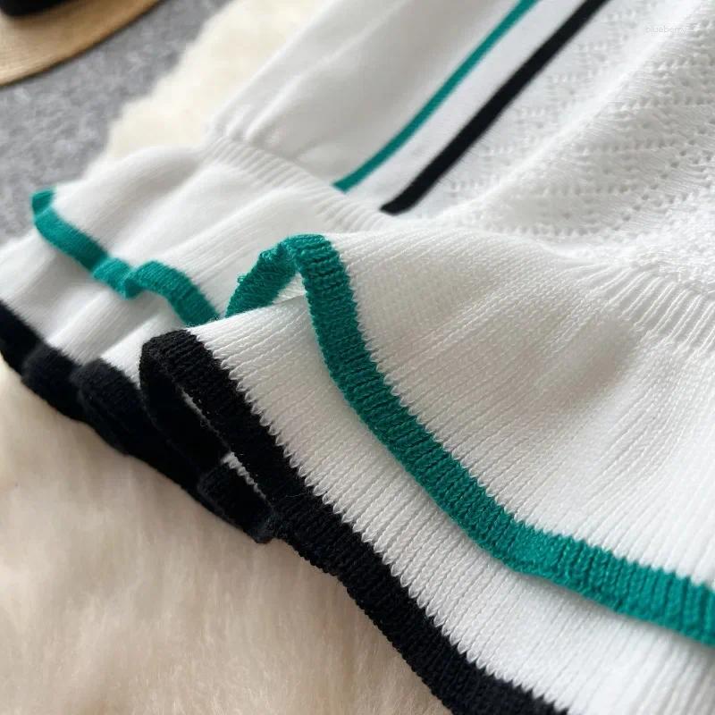 Casual Dresses Women Color Patchwork Ruffles Knitted Mini Dress Buttons Polo-Neck Bodycon Outfits