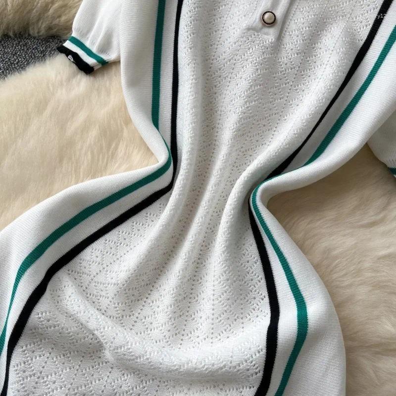 Casual Dresses Women Color Patchwork Ruffles Knitted Mini Dress Buttons Polo-Neck Bodycon Outfits
