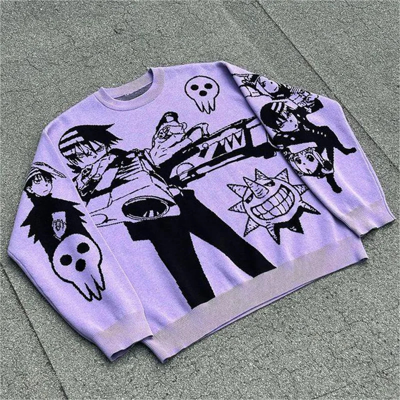 Harajuku fashion mens and womens couple fall and winter sweater Y2K retro 90s gothic fitted round neck tops clothing 241127