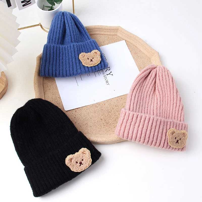 Caps Hats Korean Bear Baby Knit Hat Autumn Winter Warm Toddler Cap for Boy Girl Beanies Cute Solid Color Cartoon Kids Knitted Hats H241128