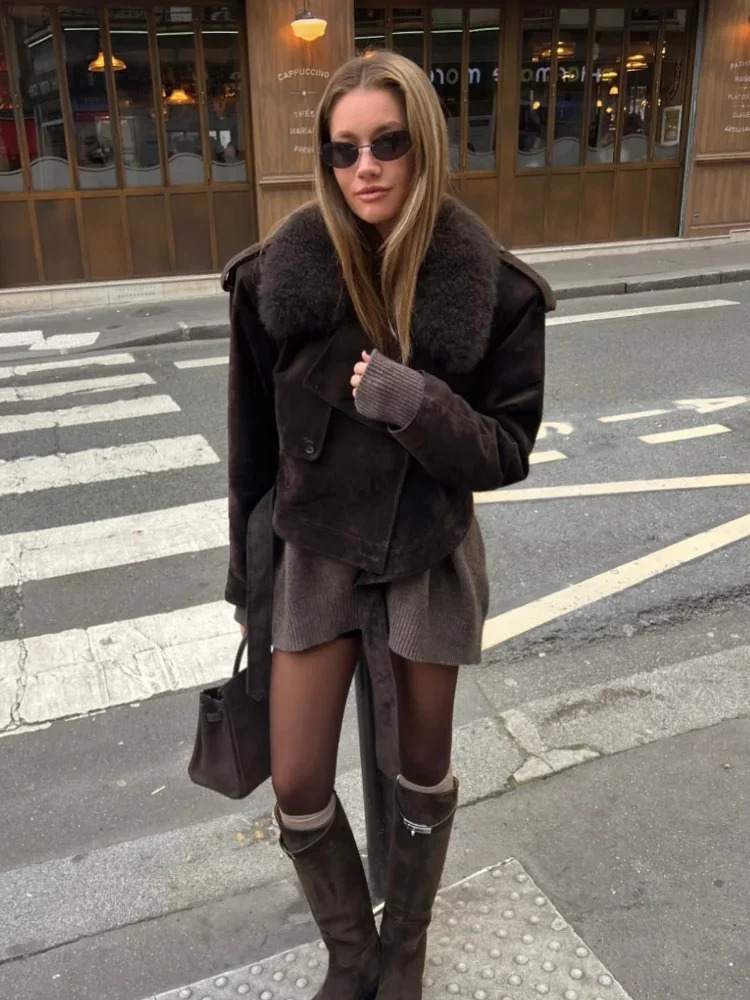 Retro solid faux fur collar suede womens short jacket fashion long sleeved womens cut jacket autumn and winter womens clothing 241128