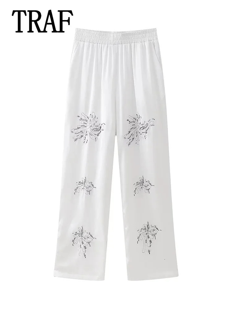 TRAF Women Suit Vintage Embroidery Single Breasted Long Sleeve Shirt Sets Loose Pants Chic Fashion Outfit 240423