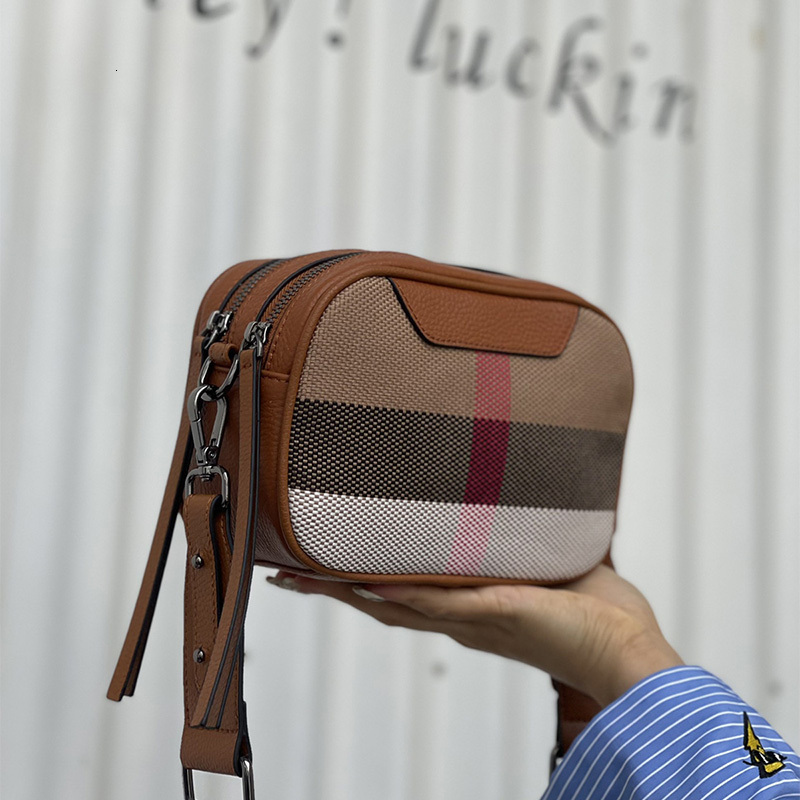 Free Shipping Real Leather Women's Small Canvas Crossbody New Wide Strap Fashionable Square Flip Designer Shoulder Plaid Bag