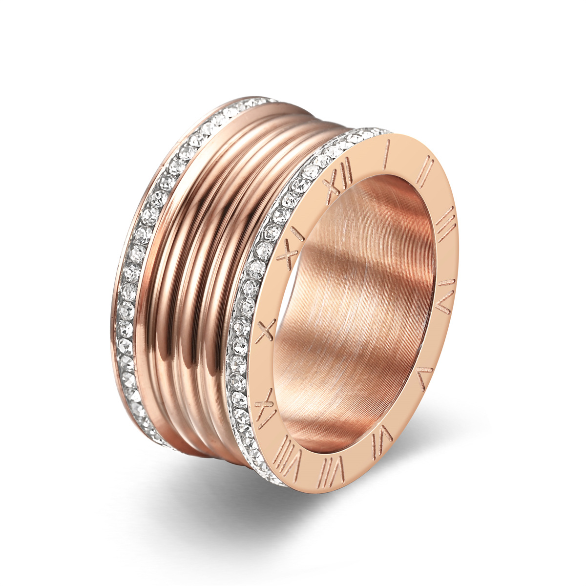 Europe and the United States popular double rows full of diamonds ring extra wide Roman numerals stainless steel ladies finger ring jewellery products